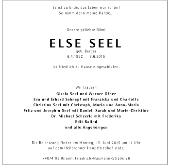Traueranzeige von Else Seel 