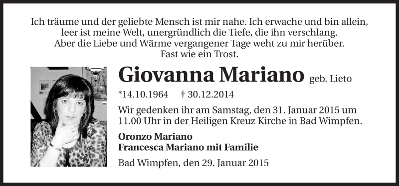  Traueranzeige für Giovanna Mariano vom 29.01.2015 aus 