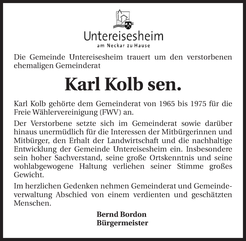  Traueranzeige für Karl Kolb vom 18.02.2015 aus 