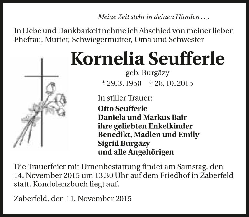  Traueranzeige für Kornelia Seufferle vom 11.11.2015 aus 