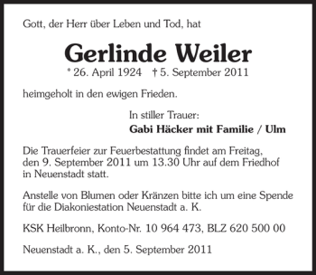 Traueranzeige von Gerlinde Weiler 
