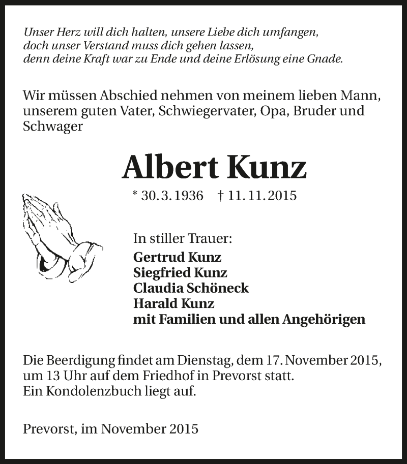  Traueranzeige für Albert Kunz vom 14.11.2015 aus 