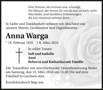 Traueranzeige von Anna Warga 