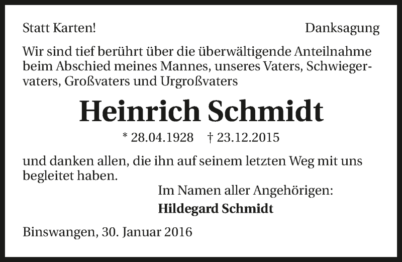  Traueranzeige für Heinrich Schmidt vom 30.01.2016 aus 