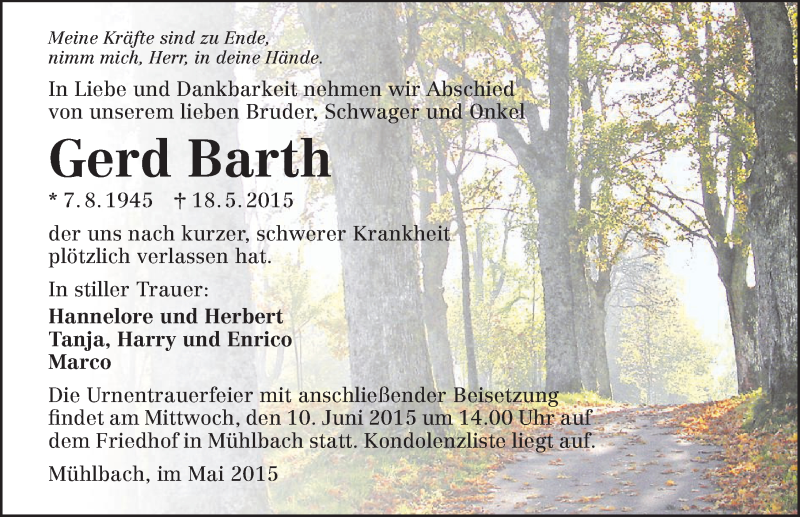  Traueranzeige für Gerd Barth vom 23.05.2015 aus 