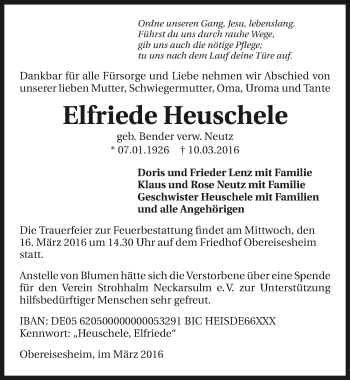 Traueranzeige von Elfriede Heuschele 