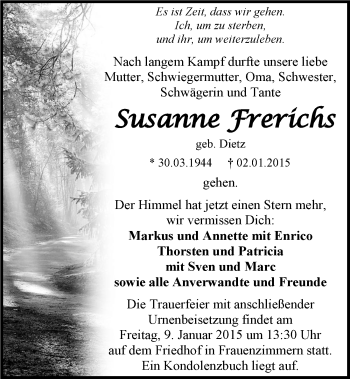 Traueranzeige von Susanne Frerichs 