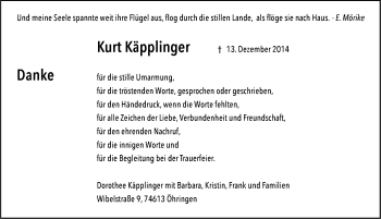 Traueranzeige von Kurt Käpplinger 