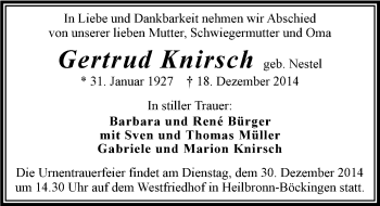 Traueranzeige von Gertrud Knirsch 