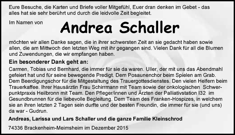  Traueranzeige für Andrea Schaller vom 23.12.2015 aus 