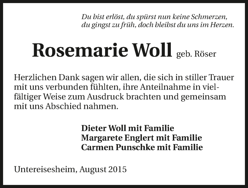  Traueranzeige für Rosemarie Woll vom 22.08.2015 aus 