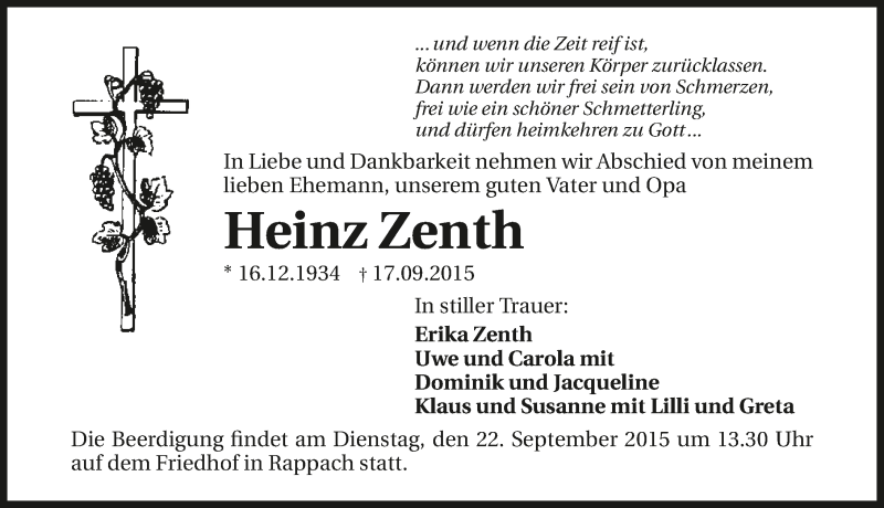  Traueranzeige für Heinz Zenth vom 19.09.2015 aus 