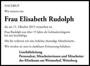Traueranzeige von Elisabeth Rudolph 