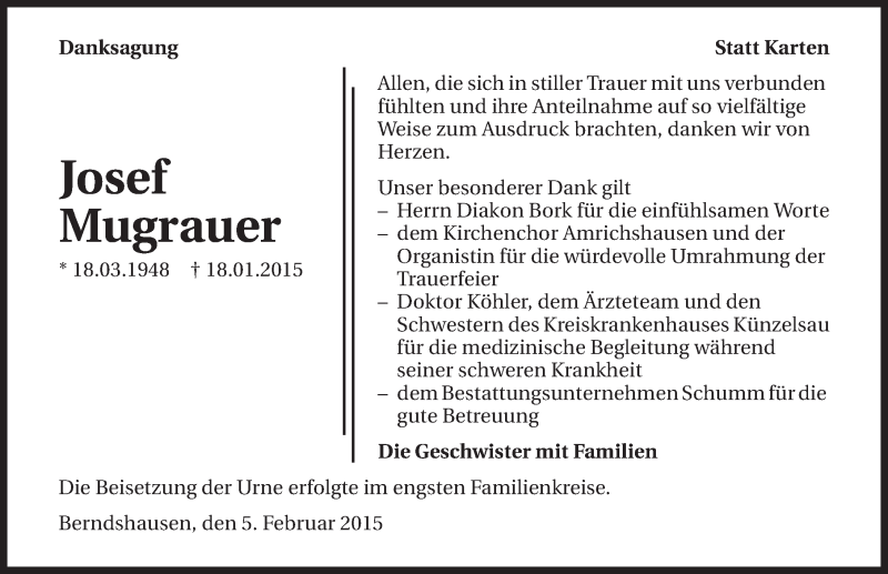  Traueranzeige für Josef Mugrauer vom 06.02.2015 aus 