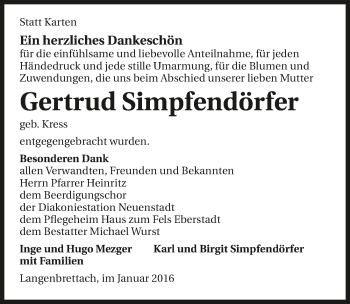 Traueranzeige von Gertrud Simpfendörfer 