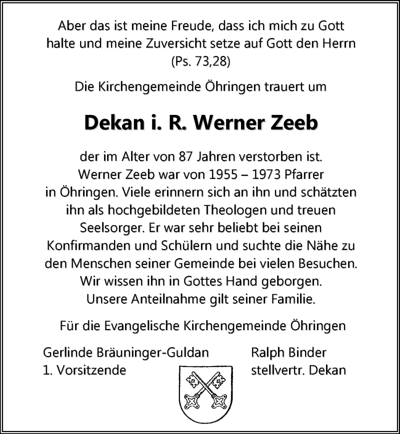  Traueranzeige für Werner Zeeb vom 04.05.2015 aus 