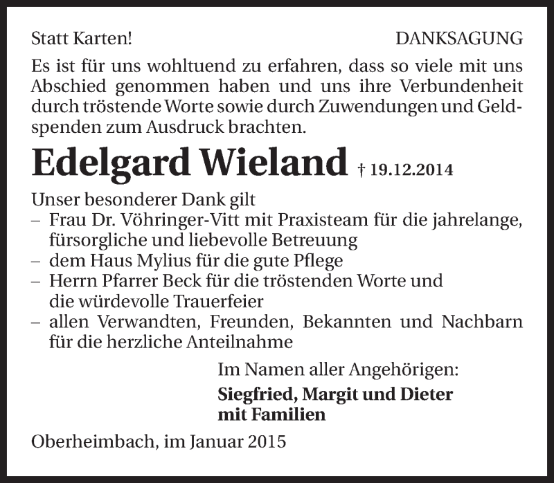  Traueranzeige für Edelgard Wieland vom 30.01.2015 aus 