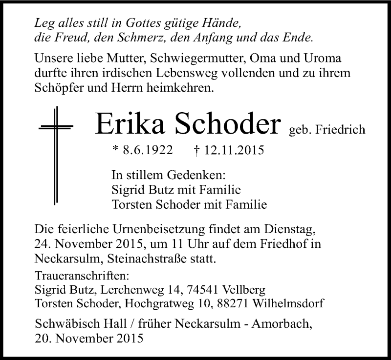  Traueranzeige für Erika Schoder vom 20.11.2015 aus 
