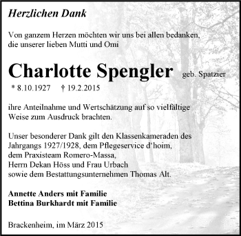 Traueranzeige von Charlotte Spengler 