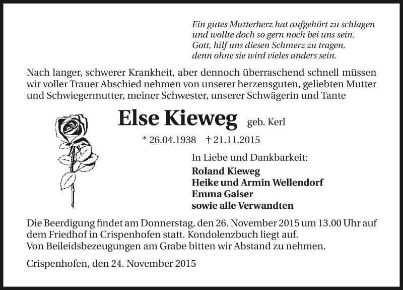  Traueranzeige für Else Kieweg vom 24.11.2015 aus 