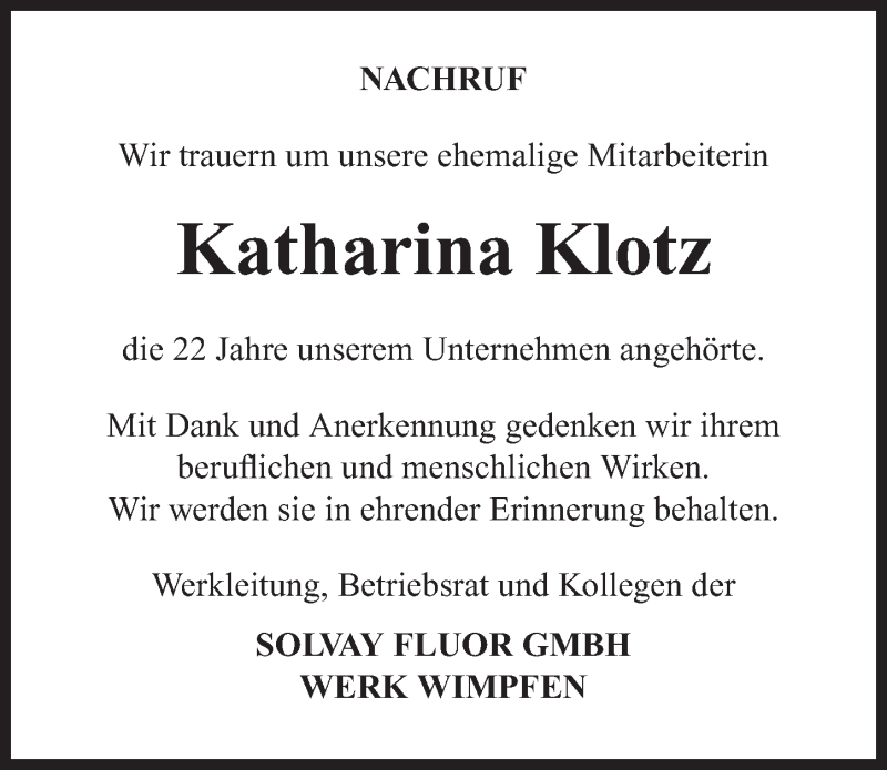  Traueranzeige für Katharina Klotz vom 06.02.2015 aus 