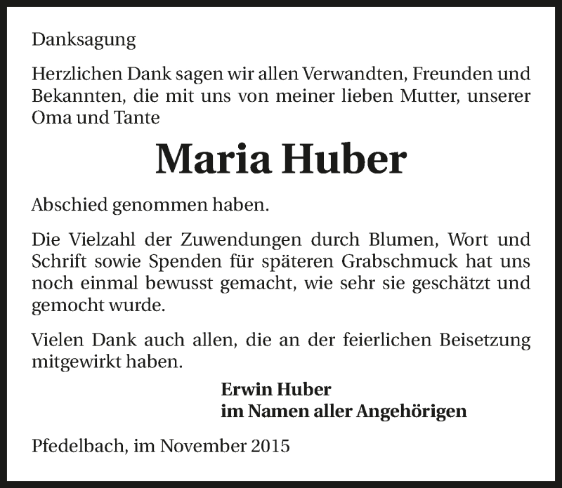  Traueranzeige für Maria Huber vom 20.11.2015 aus 