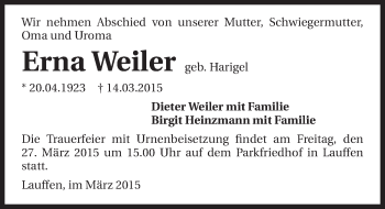 Traueranzeige von Erna Weiler 