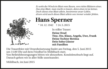 Traueranzeige von Hans Sperner 