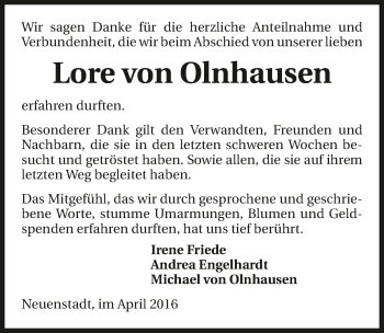 Traueranzeige von Lore von Olnhausen 