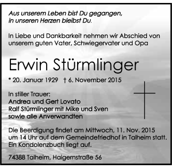 Traueranzeige von Erwin Stürmlinger 