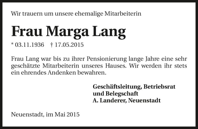  Traueranzeige für Marga Lang vom 28.05.2015 aus 
