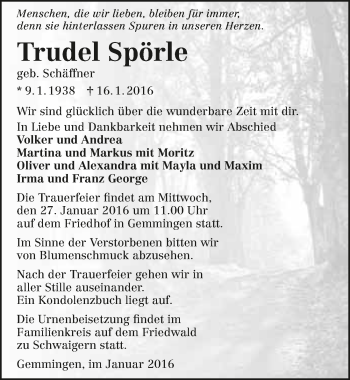 Traueranzeige von Trudel Spörle 