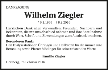 Traueranzeige von Wilhelm Ziegler 