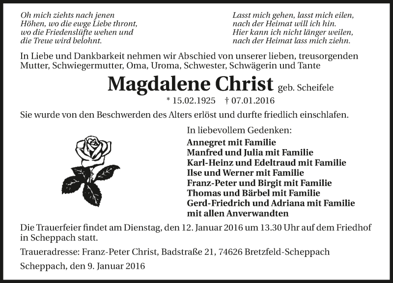  Traueranzeige für Magdalene Christ vom 09.01.2016 aus 
