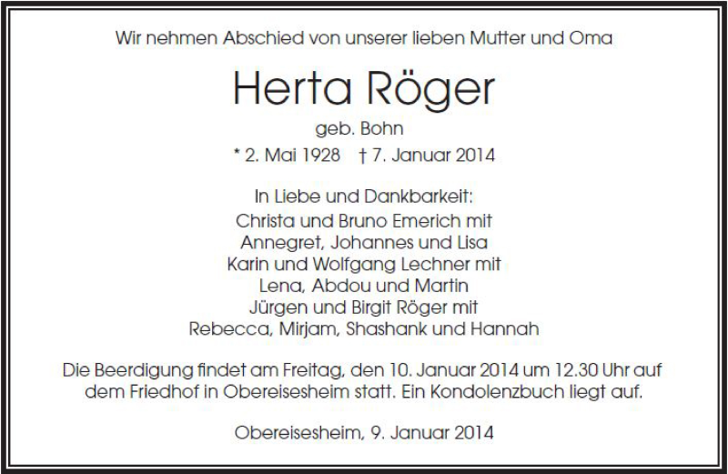  Traueranzeige für Herta Röger vom 09.01.2014 aus 