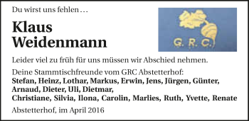 Traueranzeige von Klaus Weidenmann 
