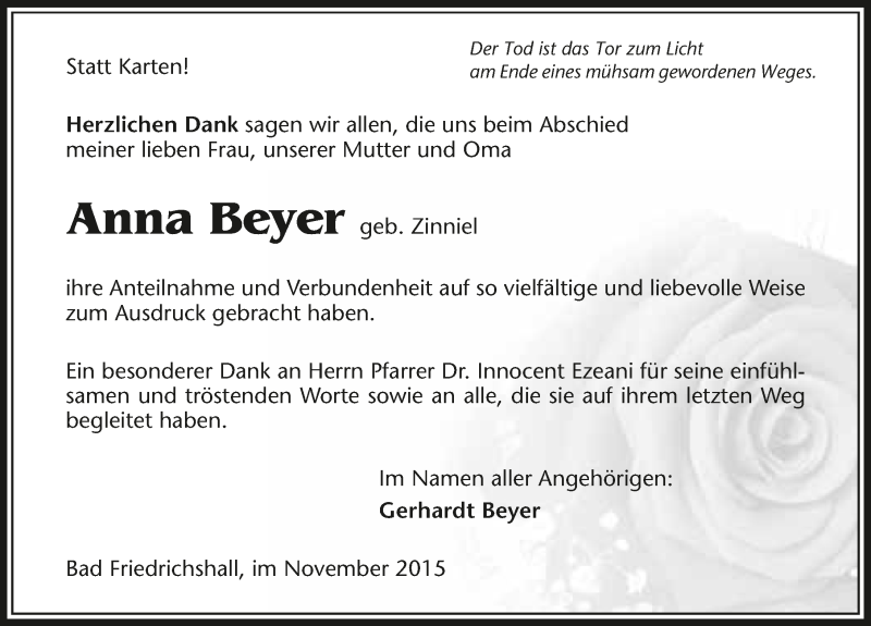  Traueranzeige für Anna Beyer vom 04.11.2015 aus 
