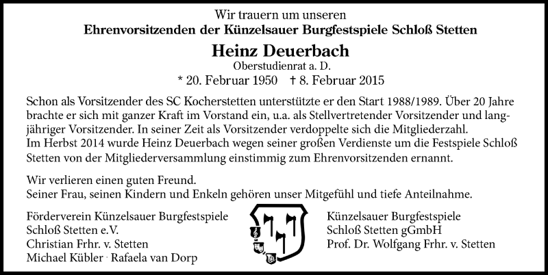  Traueranzeige für Heinz Deuerbach vom 12.02.2015 aus 