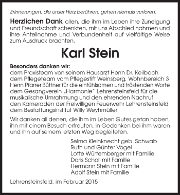 Traueranzeige von Karl Stein 