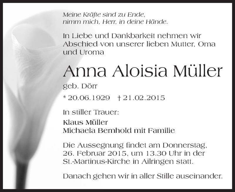  Traueranzeige für Anna Aloisia Müller vom 24.02.2015 aus 