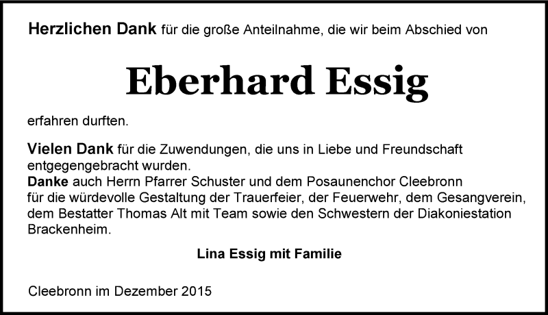  Traueranzeige für Eberhard Essig vom 18.12.2015 aus 