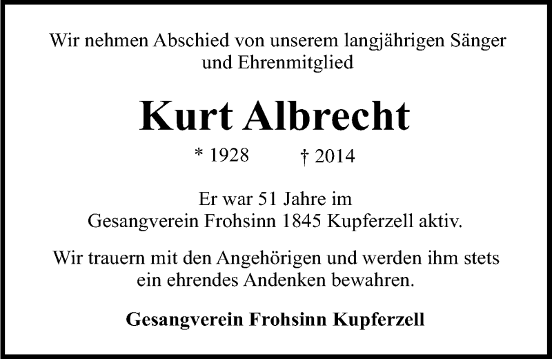  Traueranzeige für Kurt Albecht vom 19.12.2014 aus 