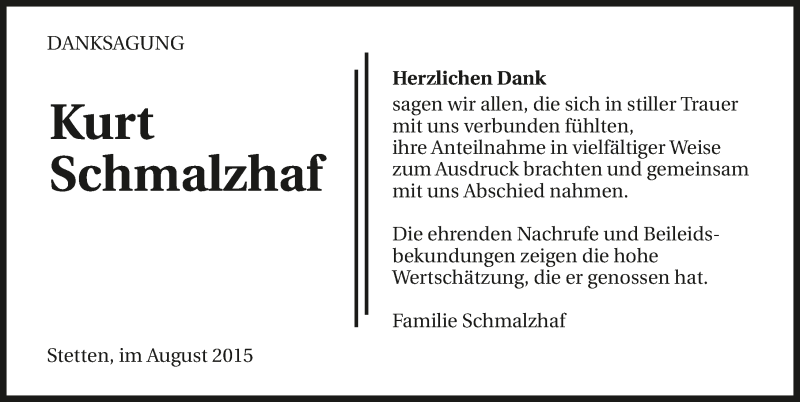  Traueranzeige für Kurt Schmalzhaf vom 03.09.2015 aus 