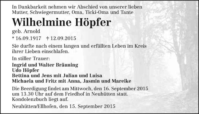  Traueranzeige für Wilhelmine Höpfer vom 15.09.2015 aus 