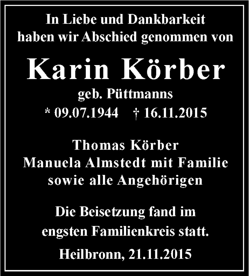  Traueranzeige für Karin Körber vom 21.11.2015 aus 