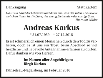 Traueranzeige von Andreas Karkus 