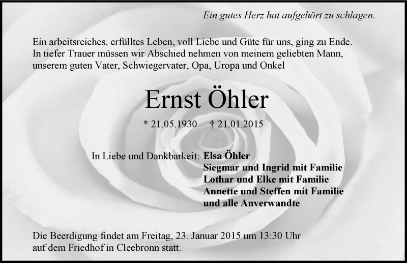  Traueranzeige für Ernst Öhler vom 22.01.2015 aus 