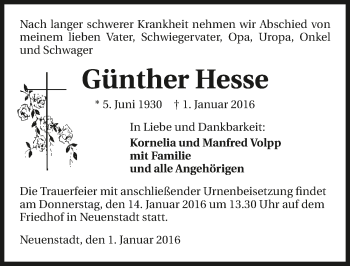 Traueranzeige von Günther Hesse 