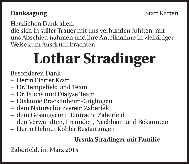  Traueranzeige für Lothar Stradinger vom 02.03.2015 aus 