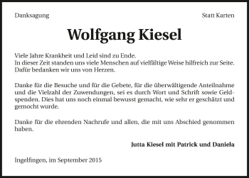 Traueranzeige von Wolfgang Kiesel 